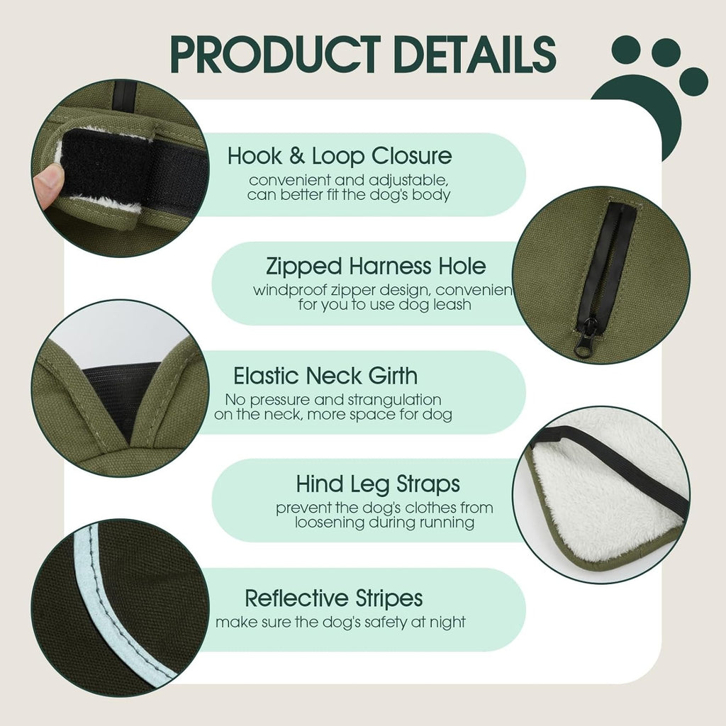 Canvas Dog Coat – Warm Reflective Fleece Winter Vest with Zipper & Leash Hole