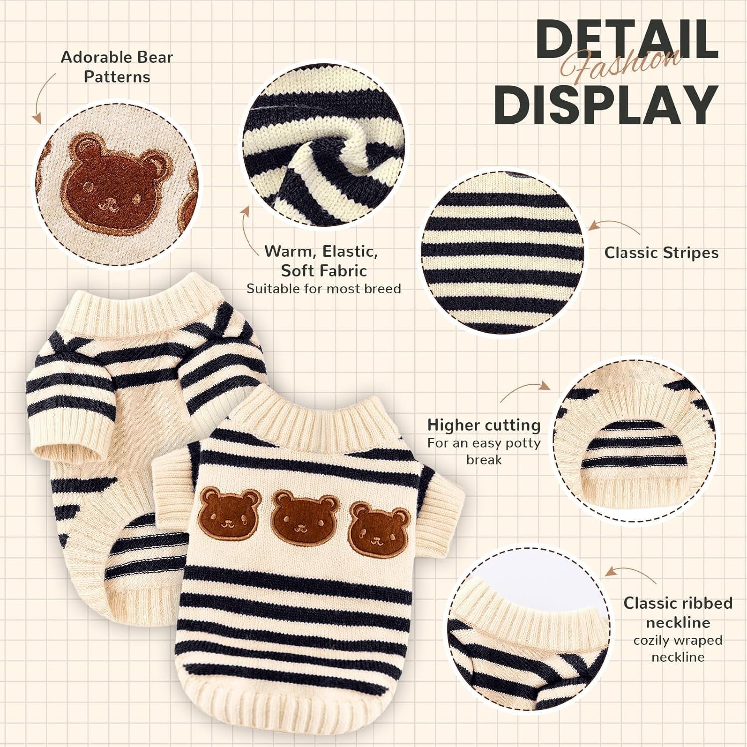 Cute Bear Pattern – Striped Soft Stretchable Warm Puppy Clothes