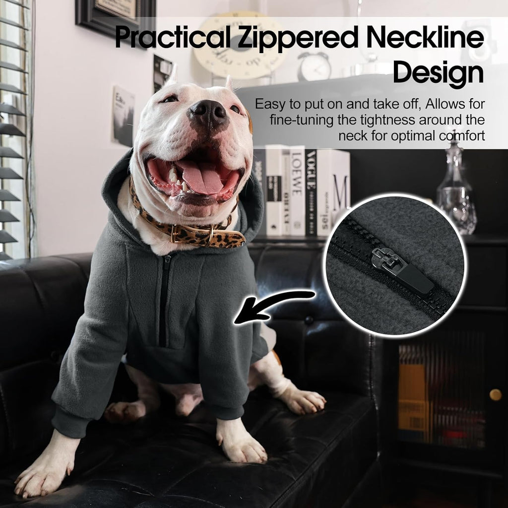 Fleece Dog Hoodie for Large Dogs – Long Sleeves Adjustable Zip Collar Warm Jacket