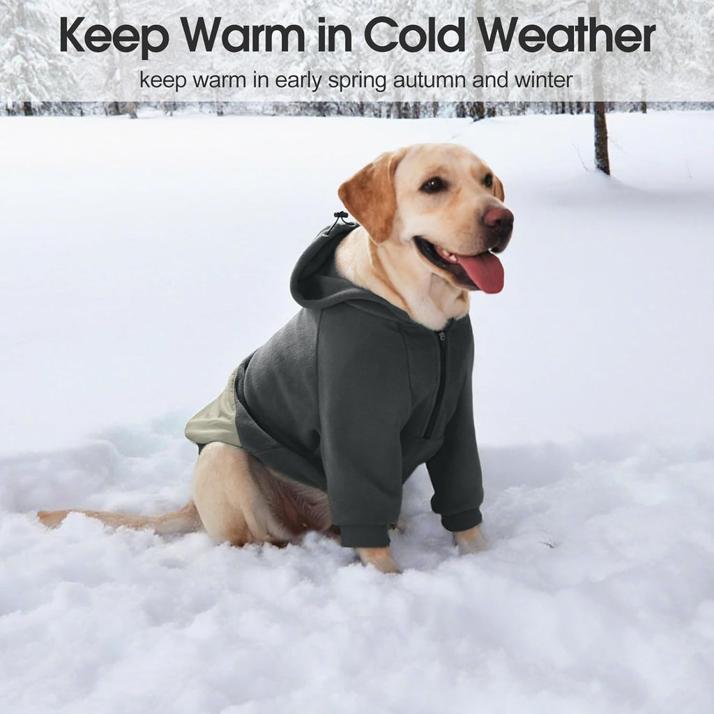Fleece Dog Hoodie for Large Dogs – Long Sleeves Adjustable Zip Collar Warm Jacket