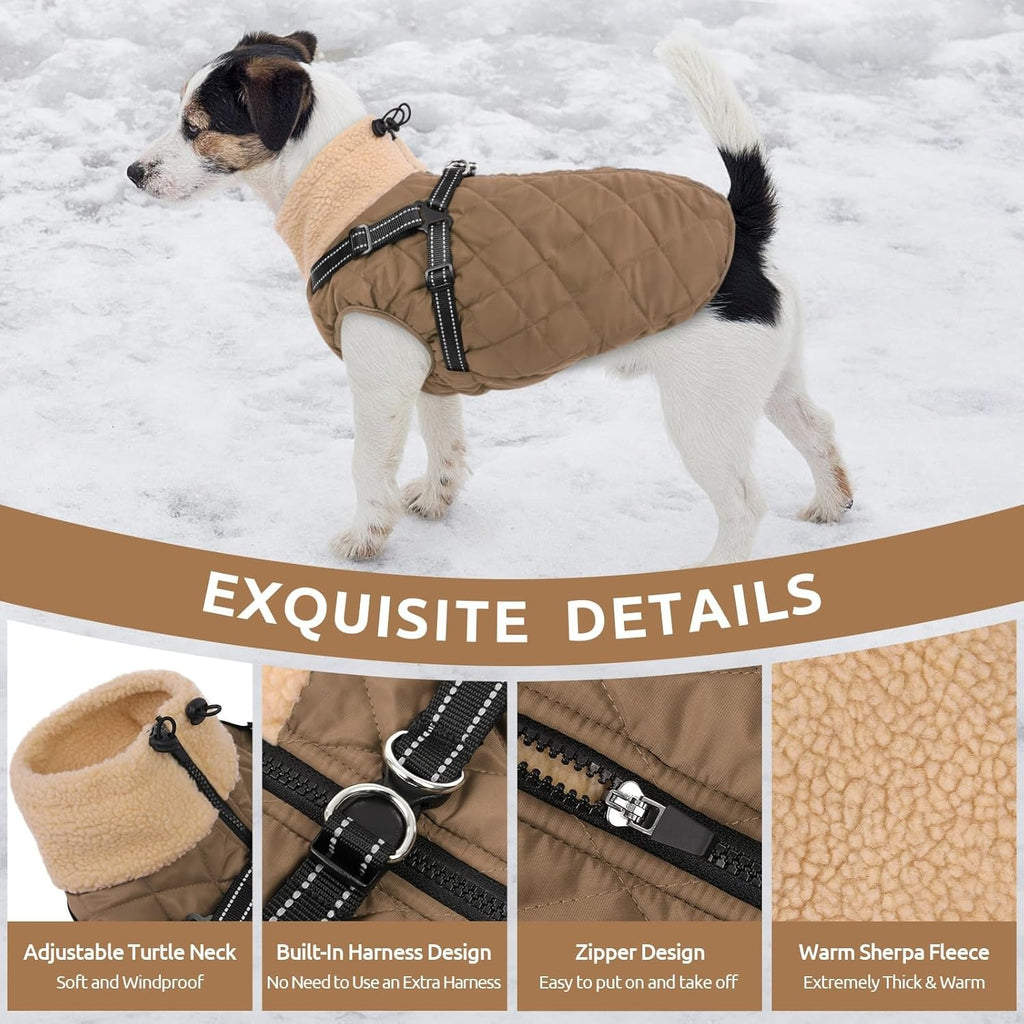 Dog Coat with Built-in Harness – Warm Fleece Lined Back Zipper Winter Jacket
