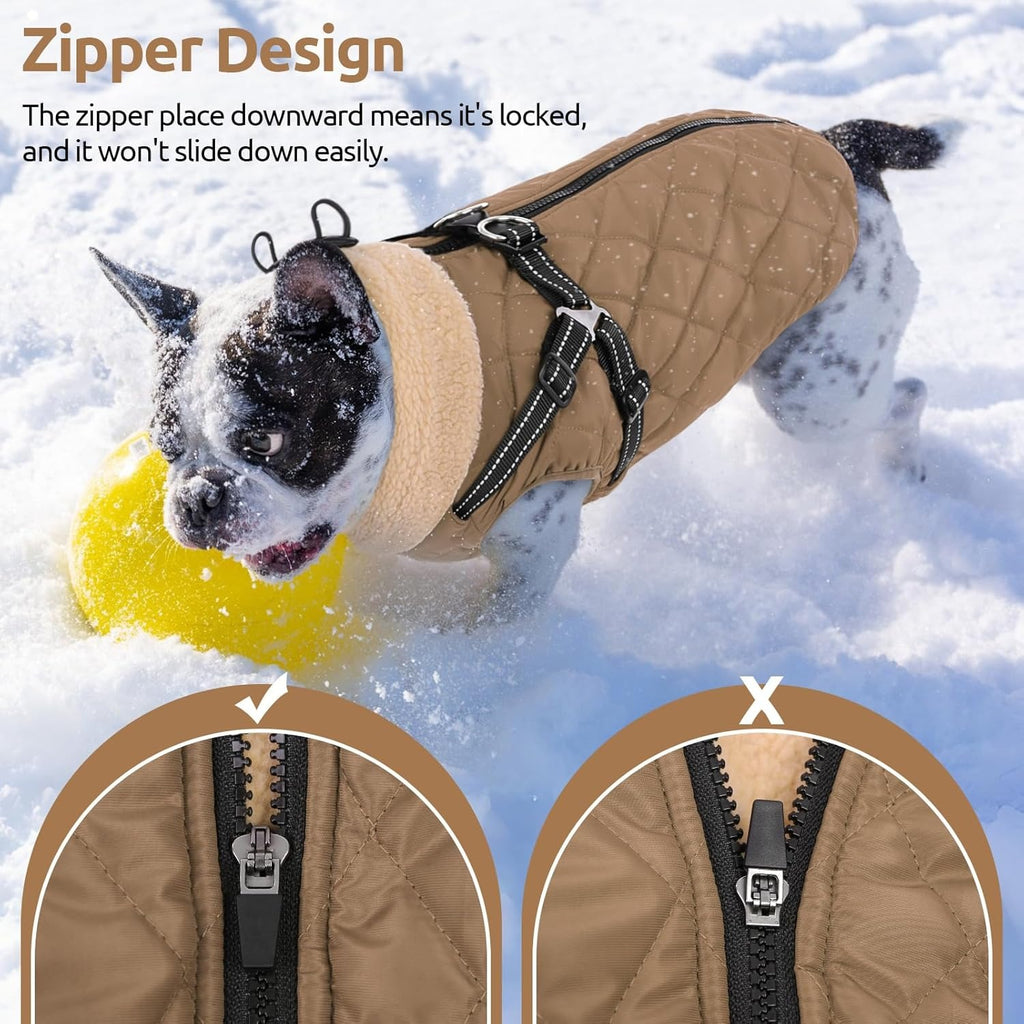 Dog Coat with Built-in Harness – Warm Fleece Lined Back Zipper Winter Jacket