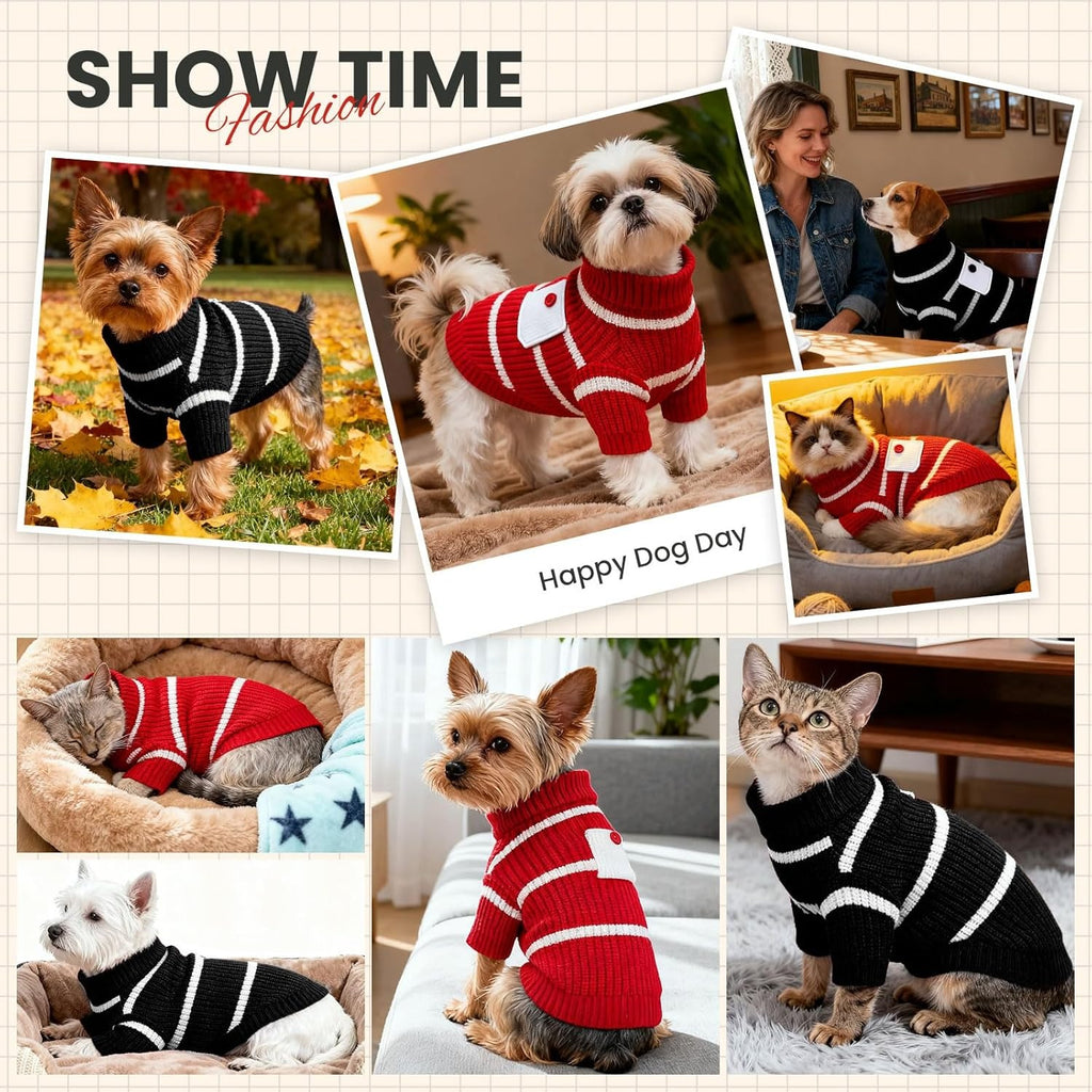 Striped Small Dog Sweater with Pocket – Soft Stretchable Warm Puppy Clothes