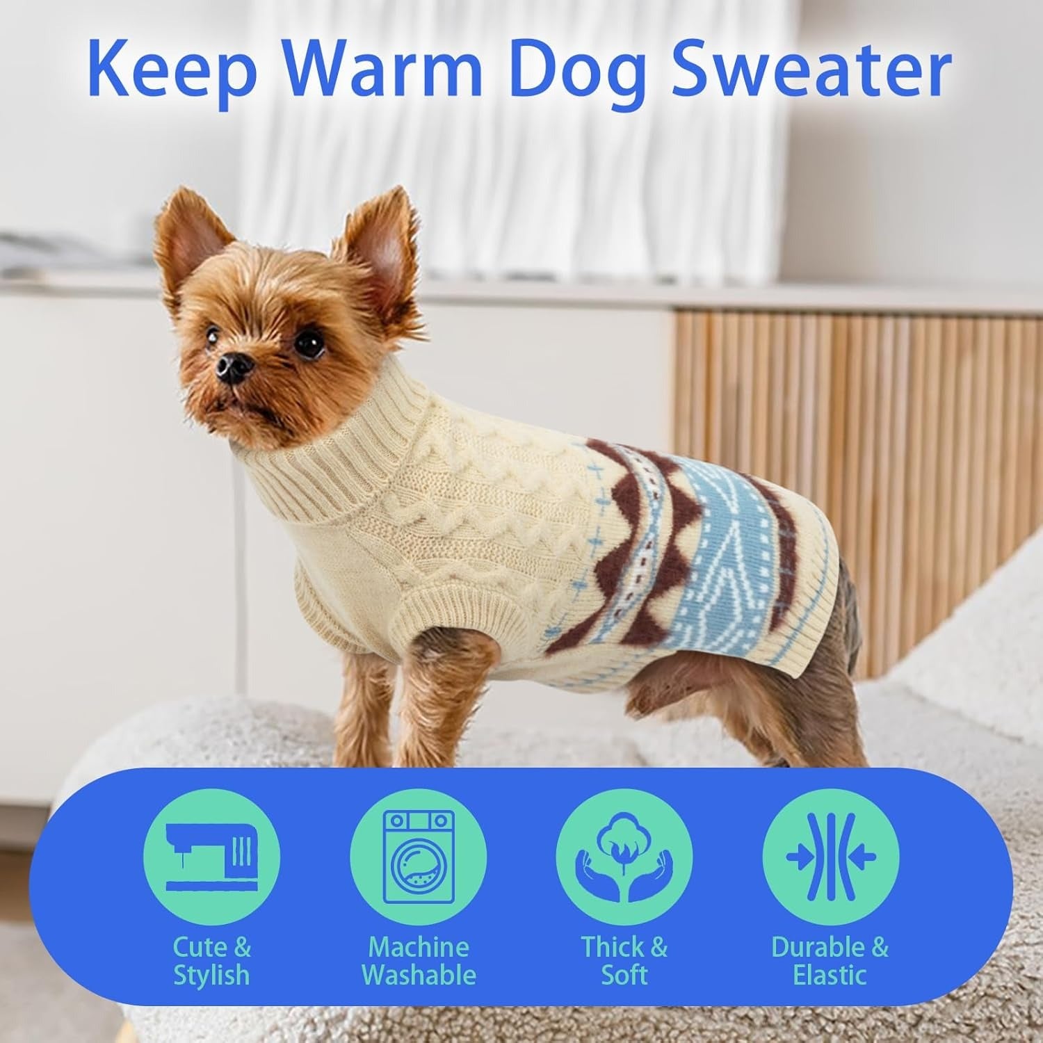 Windproof Turtleneck Dog Sweater – Stretchy Sleeveless Fair Isle Knitwear
