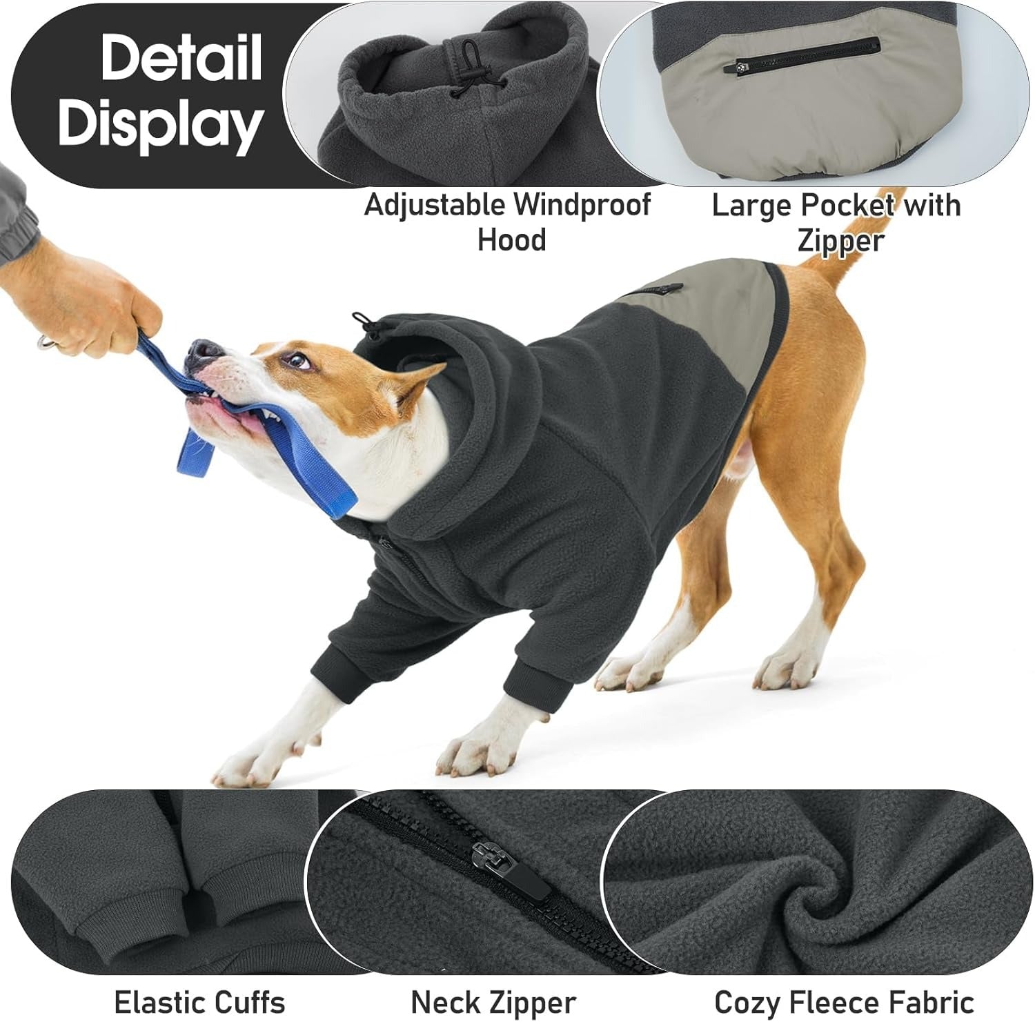 Fleece Dog Hoodie for Large Dogs – Long Sleeves Adjustable Zip Collar Warm Jacket
