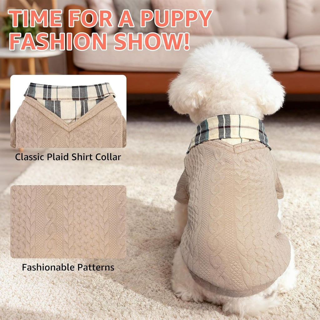 Dog Sweater with Faux Shirt Collar – Hoodie Pullover for Small Medium Dogs Winter